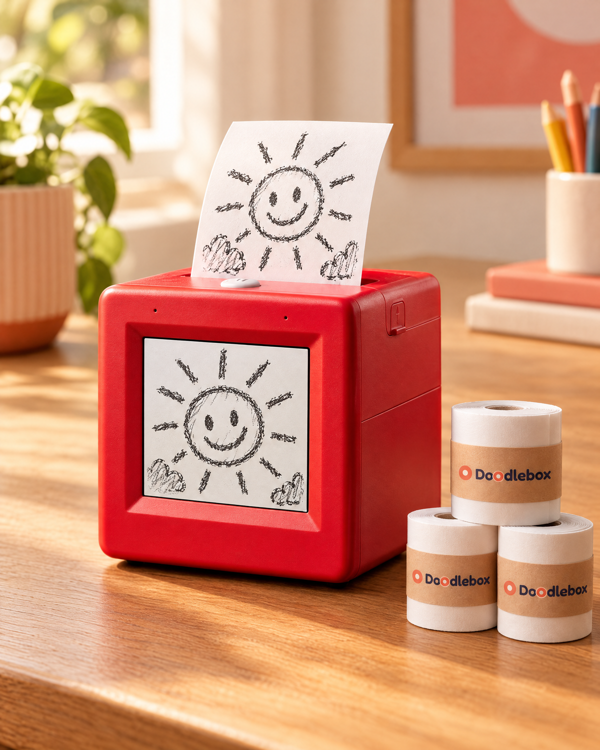 Doodlebox printer printing a child's sunshine drawing with a stack of refill rolls